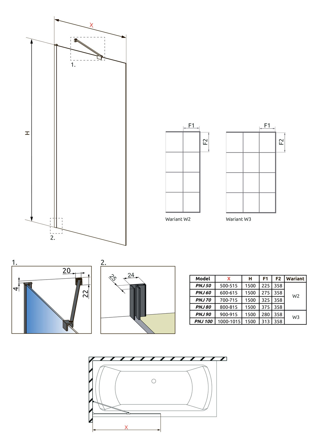 Radaway Idea PNJ II, шторка на ванну 50 см, 
стекло прозрачное EasyClean/Factory, профиль черный матовый